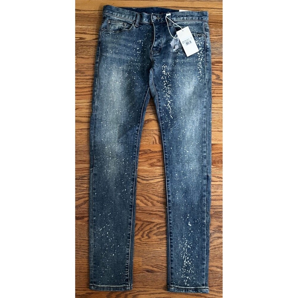 mnml Jeans Men's 31 Blue Stretch Denim Paint Splatter Distressed Skinny